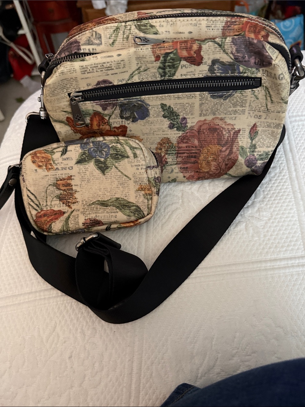 Patricia Nash Beige Floral Print Crossbody with Black Strap